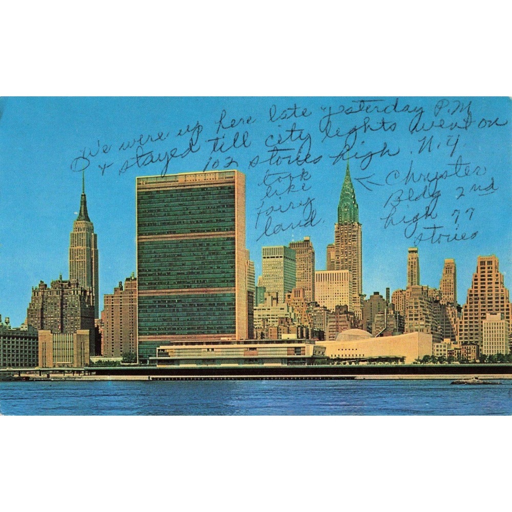Vintage New York City Skyline Postcard 1964 UN Empire State Chrysler Building